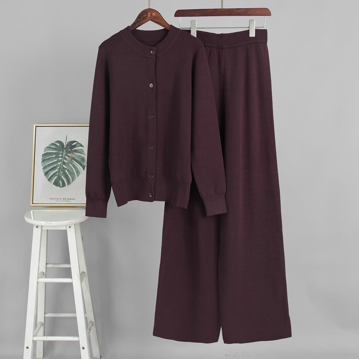 

Fall Winter New Solid Color Knit 2 Piece Set, Long Sleeve Cardigan + Long Pants Outfit, Simple Casual Sweater Suit For Women S темно-коричневого