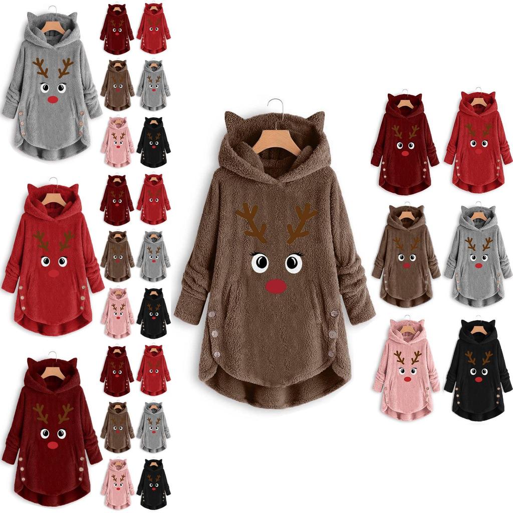 Cozy Fluffy Women's Christmas Sweatshirt With Adorable Elk Pattern And Cat Ear Design
