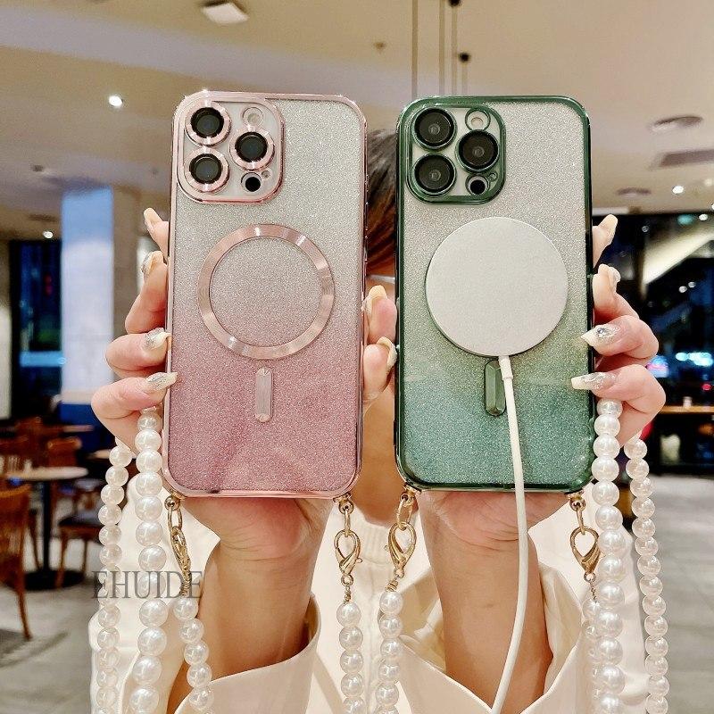 Case For Samsung Galaxy A16 A36 A06 A55 A35 A15 A25 A05 A05S Magsafe Magnetic Pearl Crossbody Cord Lanyard Strap Glitter Cover