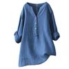 Plus Size Women Solid Color V Neck Long Sleeve Shirt Loose Linen Blouse Top