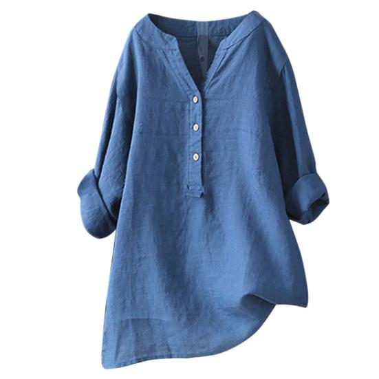 Plus Size Women Solid Color V Neck Long Sleeve Shirt Loose Linen Blouse Top