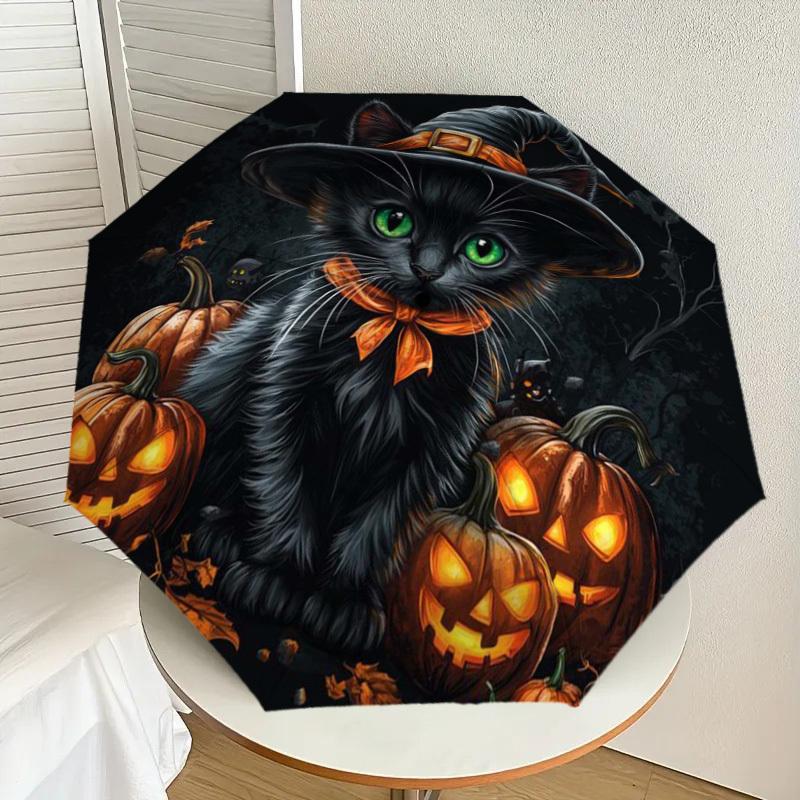 1pc Halloween Black Cat with Pumpkins Umbrella with Plastic Handle,Suitable for All Seasons Home Travel Outdoor UmbrellaDD1711