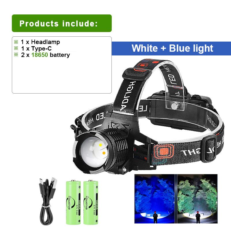 Blue Light and White Light Powerful Headlamp White Laser LED Long-range Strong Light Headlight for Night Fishing