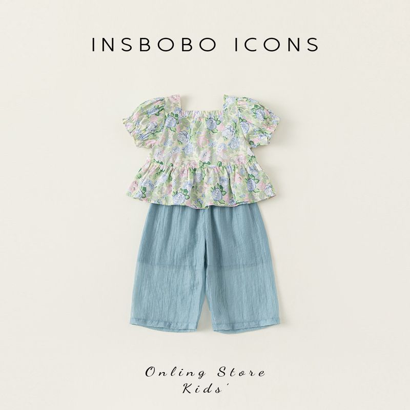 Insbobo Summer Fashionable Floral Girl s Clothing Green+Blue 80