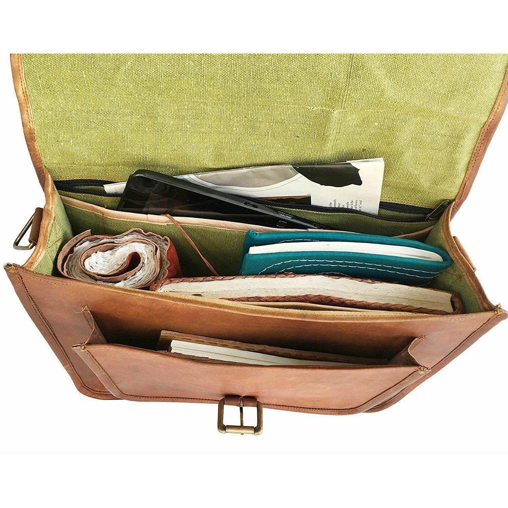 New Men Real Goat Leather Vintage Brown Messenger Shoulder Laptop Bag Briefcase