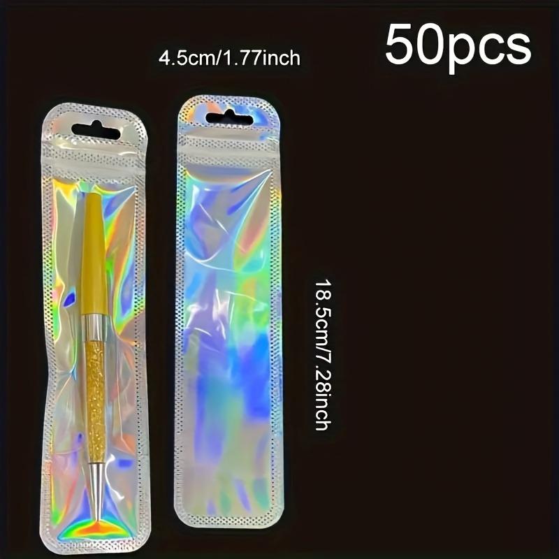 

50/100pcs Rainbow Laser Gift Pouches, Reusable Zippered Bags for Makeup Jewelry Pens Organizer, Iridescent Colors 18.5x4.5cm