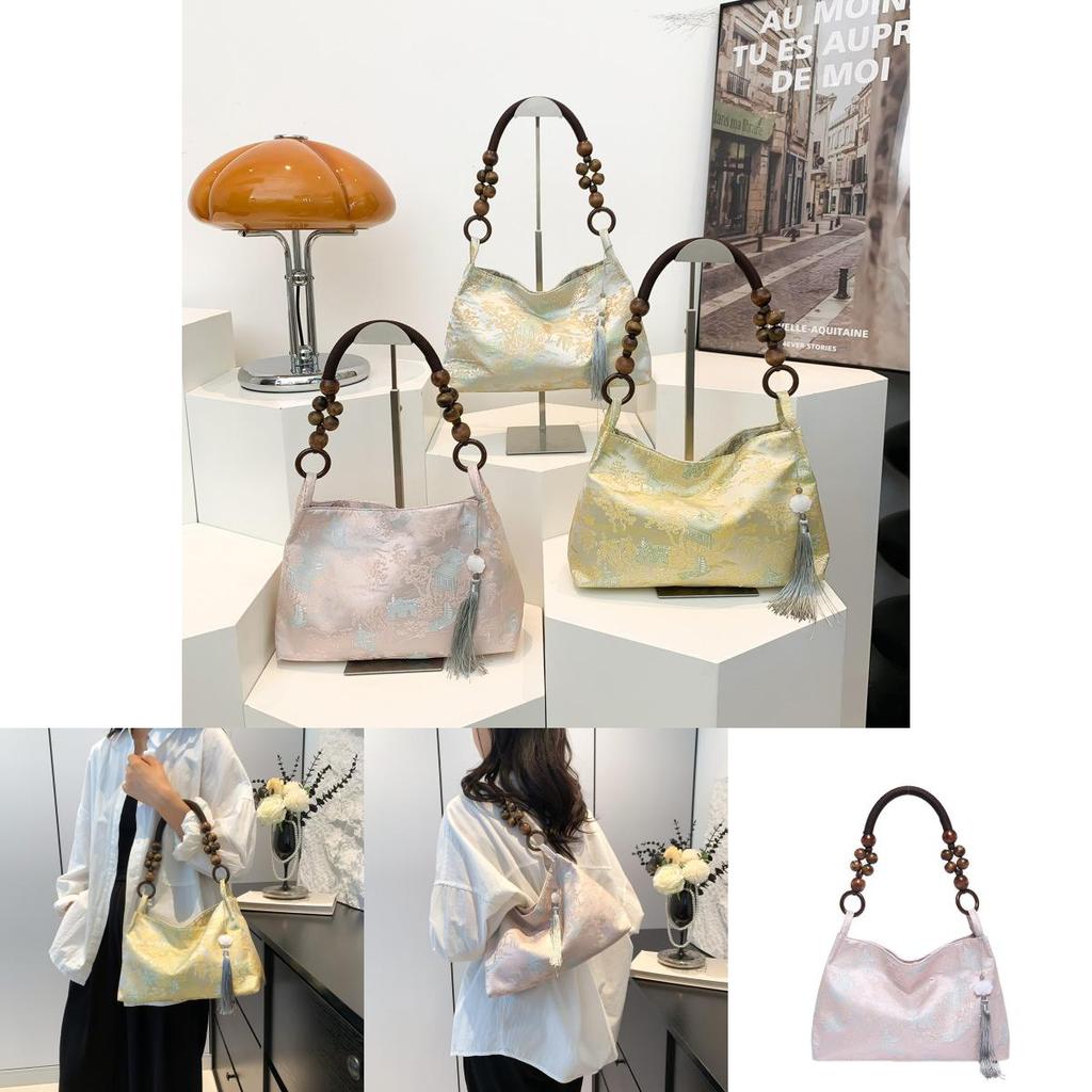Stylish Silk Jacquard Tote Bag For Women With Elegant Vintage Design In Pink Yellow And White