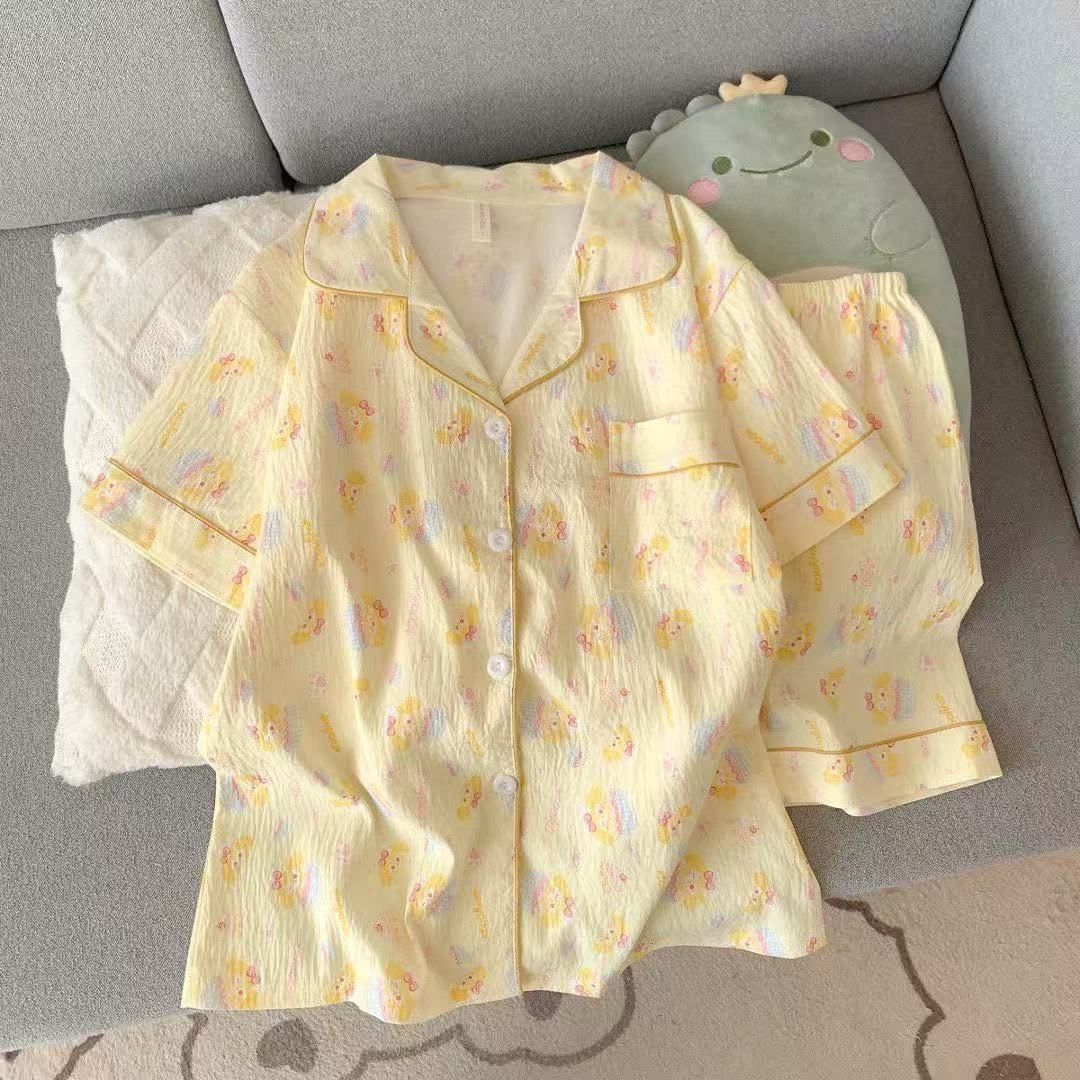 

Summer new pajamas women s cloud cotton lapel cardigan short-sleeved shorts sweet cute girl loungewear set M
