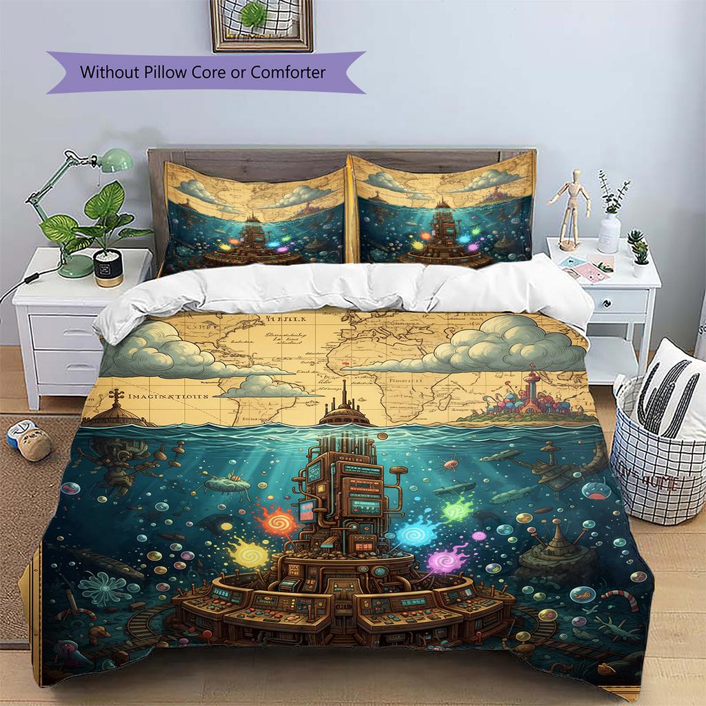 Map Ocean Architecture Pattern Bedding Quilt Set Home Decoration Gift (1 * duvet cover + 2 * pillowcase without core)