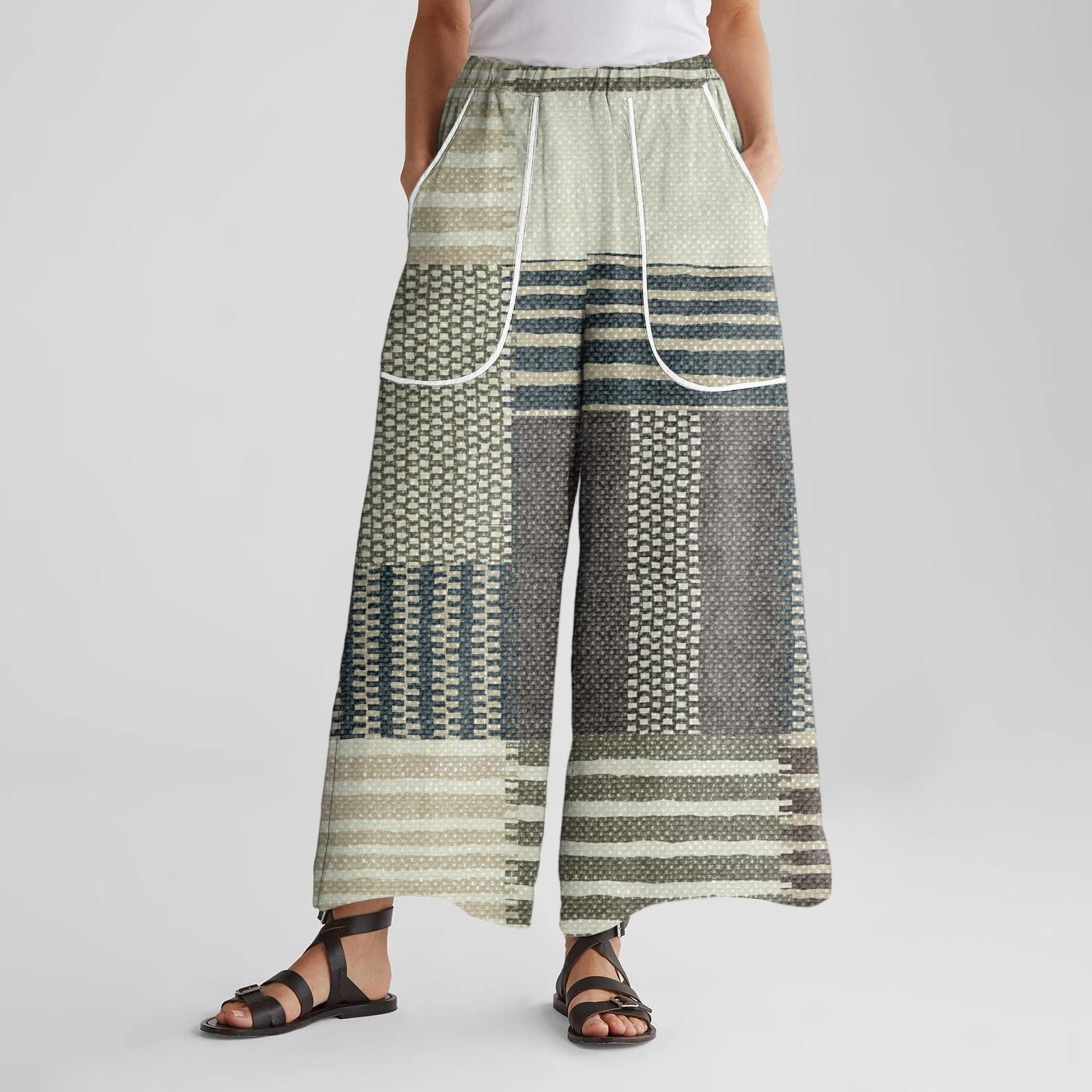 

Женские брюки широкие от бедра с эластичным поясом, ретро-принтом, большими накладными карманами, лоскутные свободные брюки L