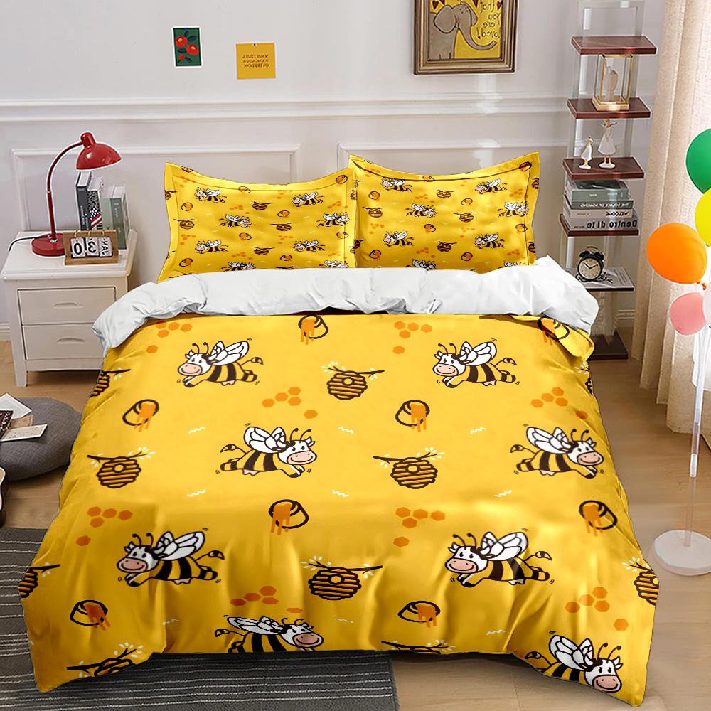 Cartoon Biene-Kuh und Honig Muster Druck Bettwäsche Set 1 Bettbezug 2 Kissenbezüge für Erwachsene und Kinder Luxus Geschenk Doppelbettgröße