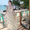 Sexy Printed Deep Neck Halter Neck Dress Women's French Sweet Waist Thin Big Swing Dress
