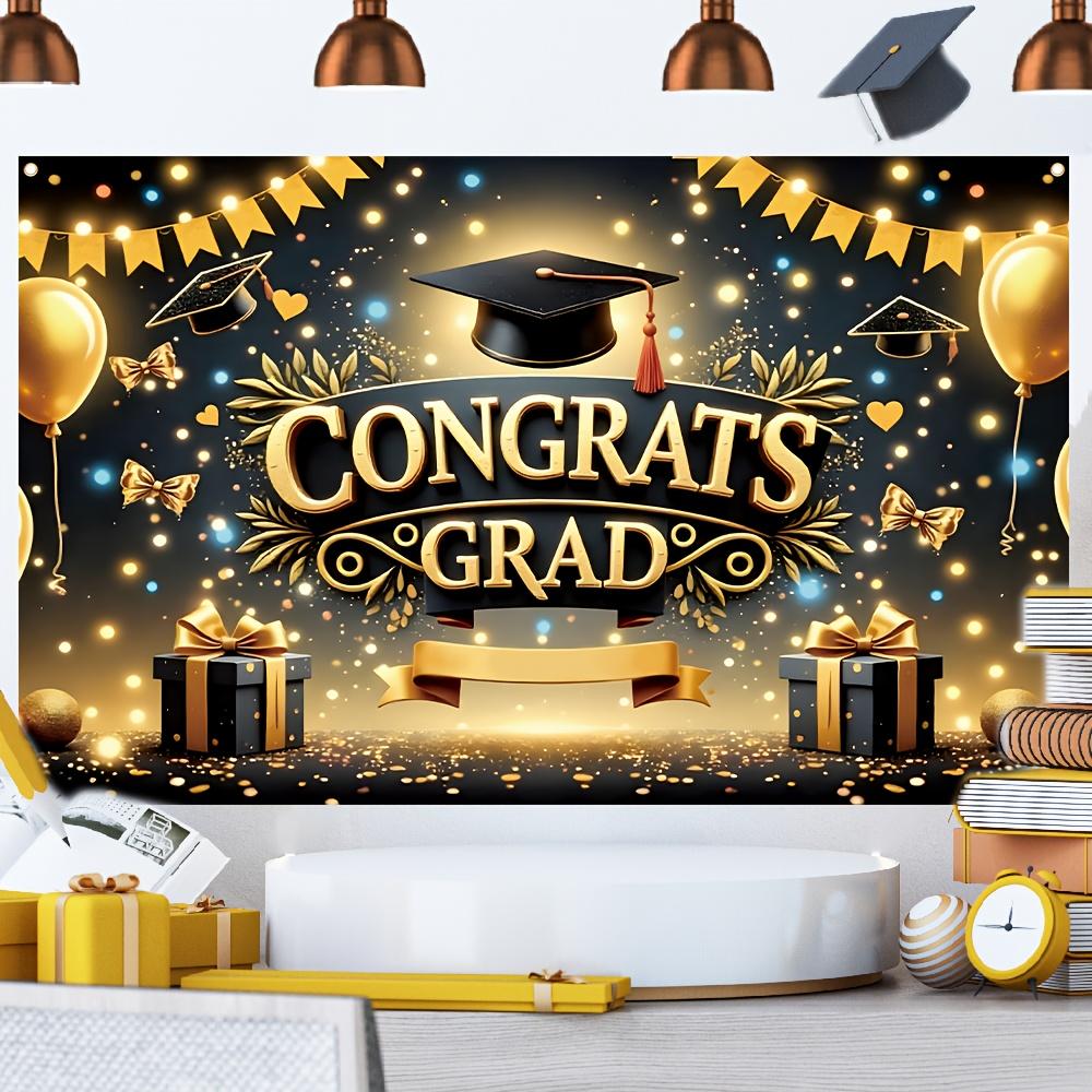 One item black and gold graduation gown congratulatory graduation decoration with balloons and gifts graduation party wall