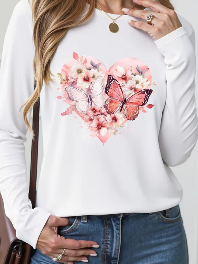 (Asian Size) butterfly style trend Casual Fashion Print T Shirt Tee Women Clothing autumn winter spring Top o-neck Graphic Long Sleeve T-shirts