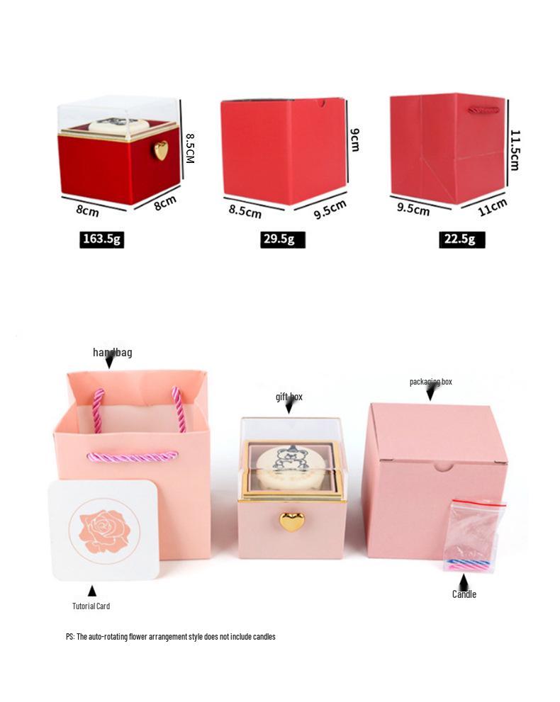 Luxury Rotating Acrylic Jewelry Box with Preserved Rose, Teddy Bear, and Birthday Cake Design