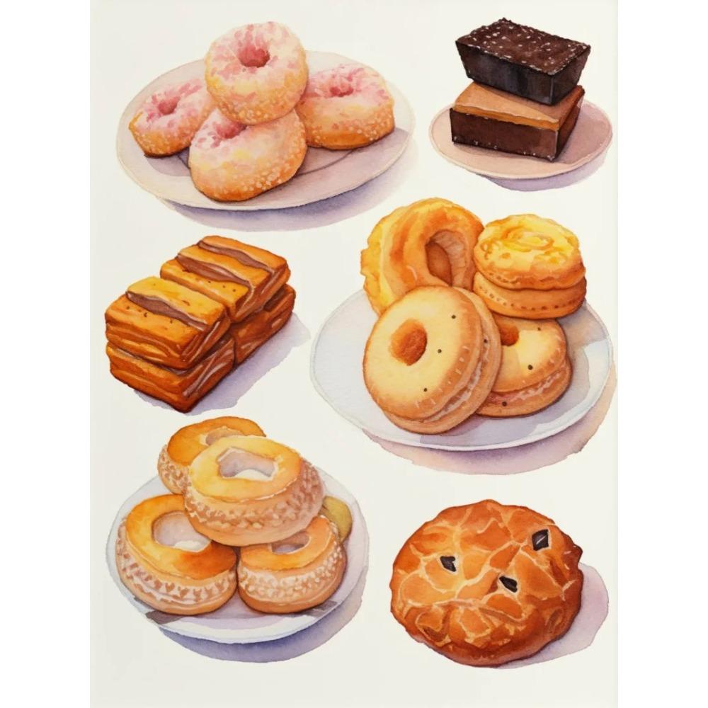 Kekse Aquarell Kekse Kaffee Müsli Brot Französisches Gebäck Poster Druck Wandkunst Bilder Leinwandmalerei Zimmer Heimdekor