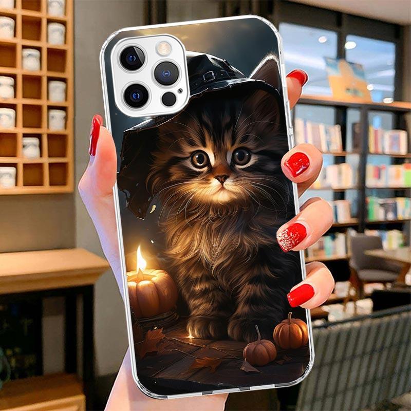 Black Kitten Halloween Pumpkin Cover Phone Case For iPhone 16 17 Air 15 14 Pro Max 16E Phone Case 13 Mini 12 11 7 SE 8 Print Pat