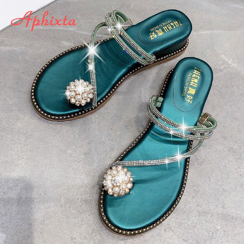 Aphixta Wedges Sandals Women Rhinestones Female Flip Flops Summer Modis Leather Crystal Slippers Ladies Babouche Bling Shoes