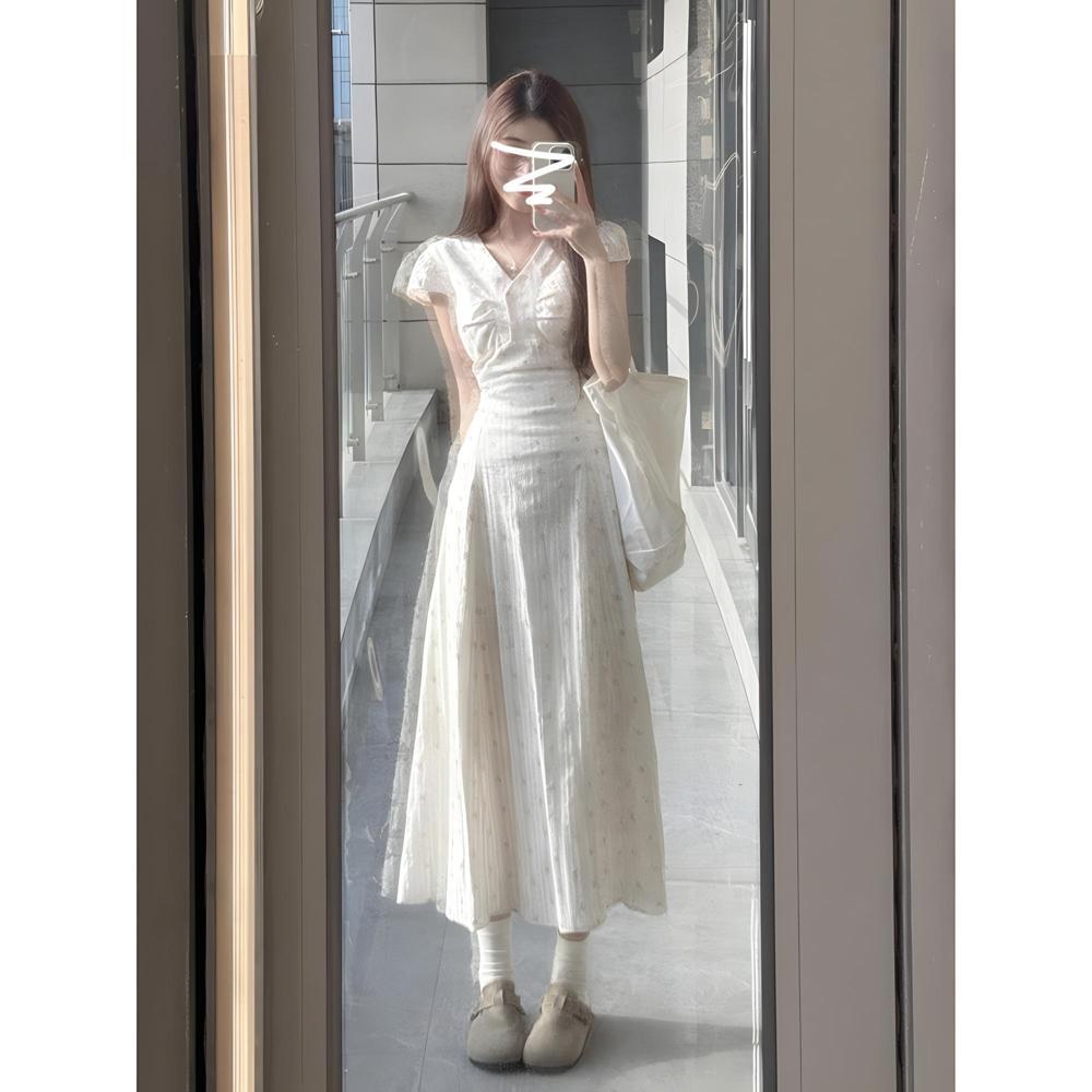 

Платье с V-образным вырезом в горошек с цветочным принтом для детского летнего отдыха, новое популярное, с небольшим темпераментом, красивое длинное платье XL- (recommended 110-60kg)