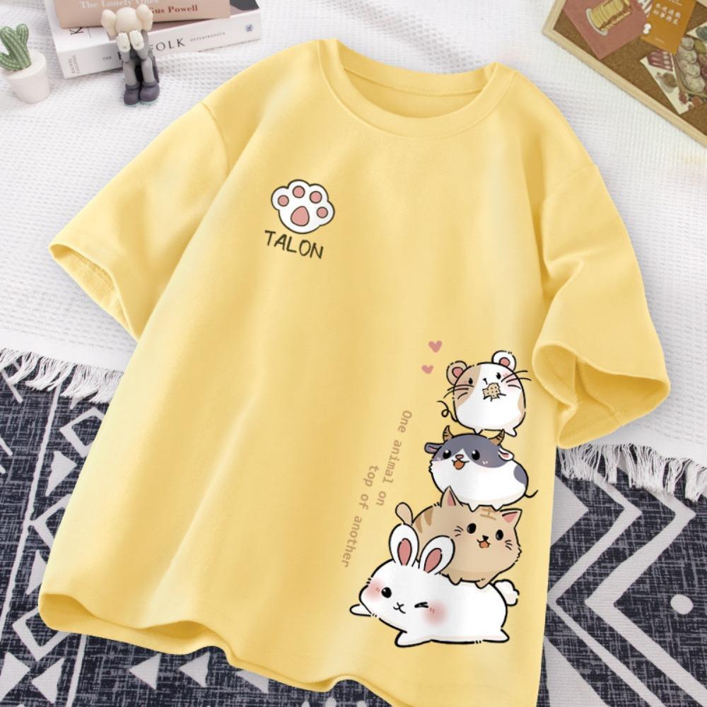 Summer Trendy Simple Cat Printed Short-sleeved T-shirt for Ladies and Boys Same Loose Casual Large-size Top