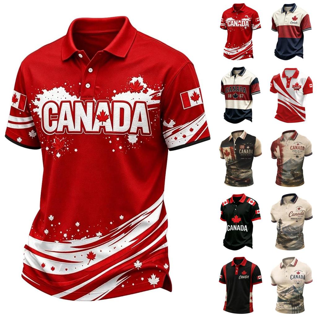 Men's Soccer Fan Polo Shirt Canada Themed Short Sleeve Breathable Mesh Fabric Lightweight Comfortable Fit Collar Buttoned Front