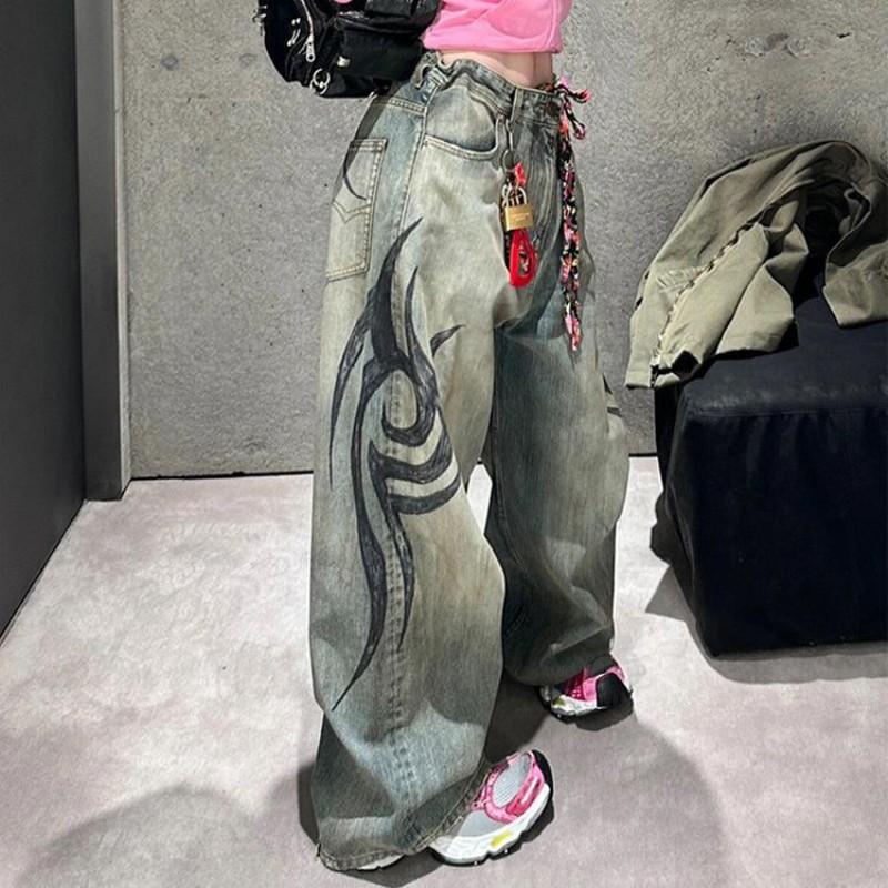 Womens High Waist Wide Leg Jeans Street Style Distressed Washed Graphic Print Long Pants