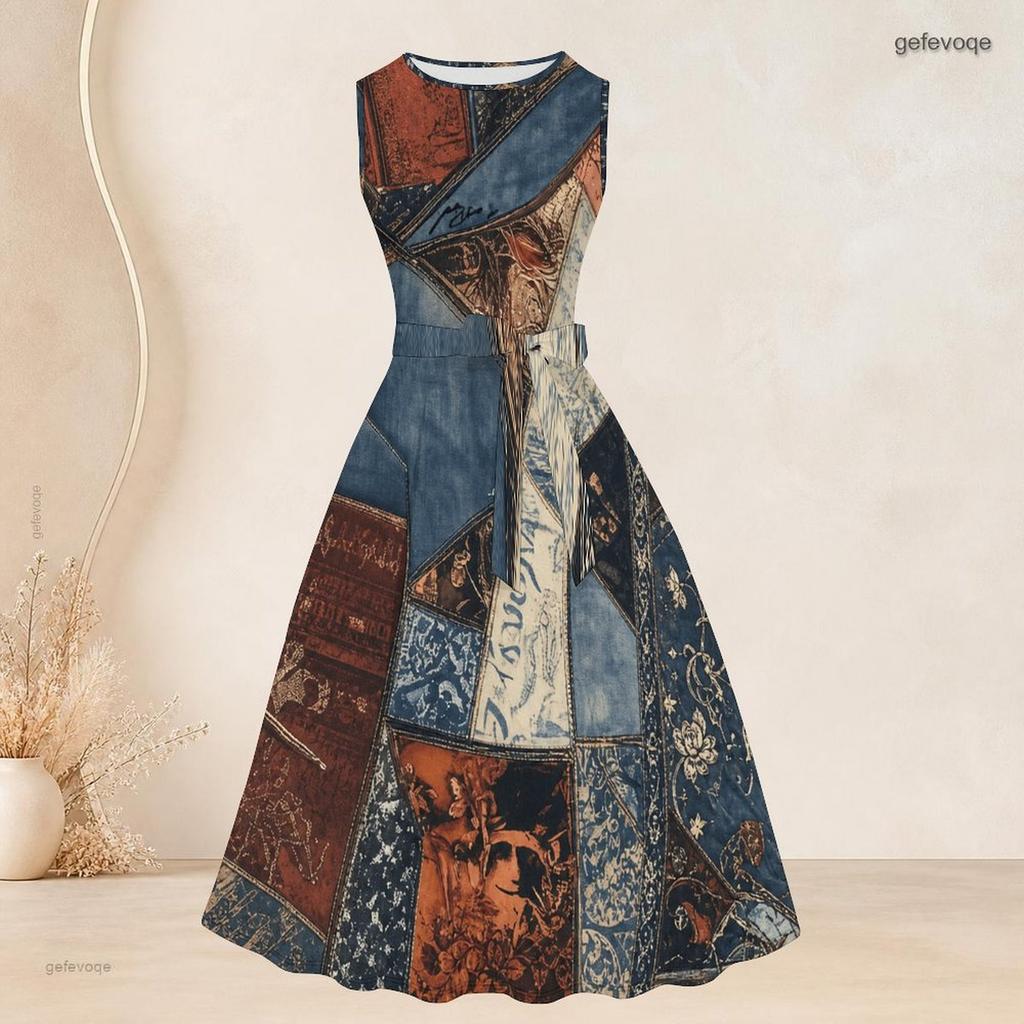 Women Plus Size Two Piece Set Round Neck Sleeveless Tie Waist Flared Dress 3 4 Sleeve Open Cardigan Printed