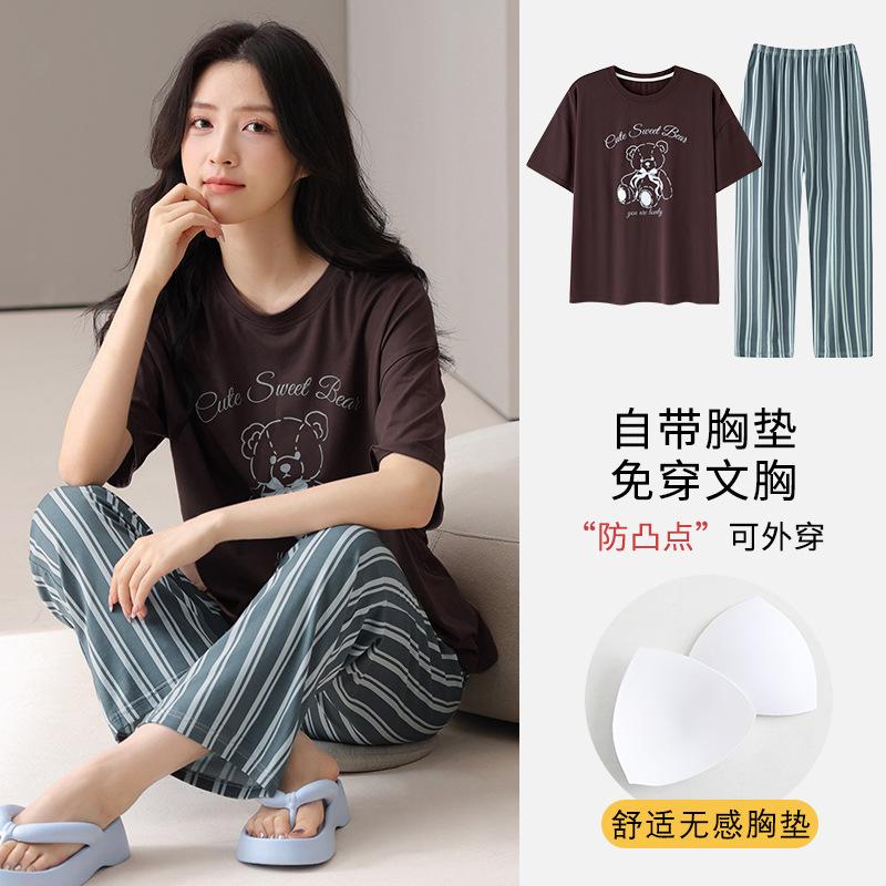 Modal Pajamas Summer Short-sleeved Trousers Thin Cartoon with Chest Pad Suit Women's Loungewear Can Be Worn Outside