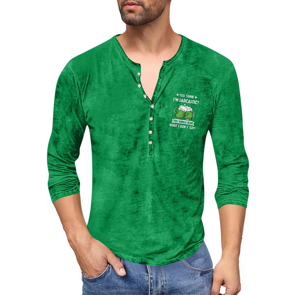 Men'S Printed T-Shirt Outdoor Retro Button Loose Long Sleeve Top