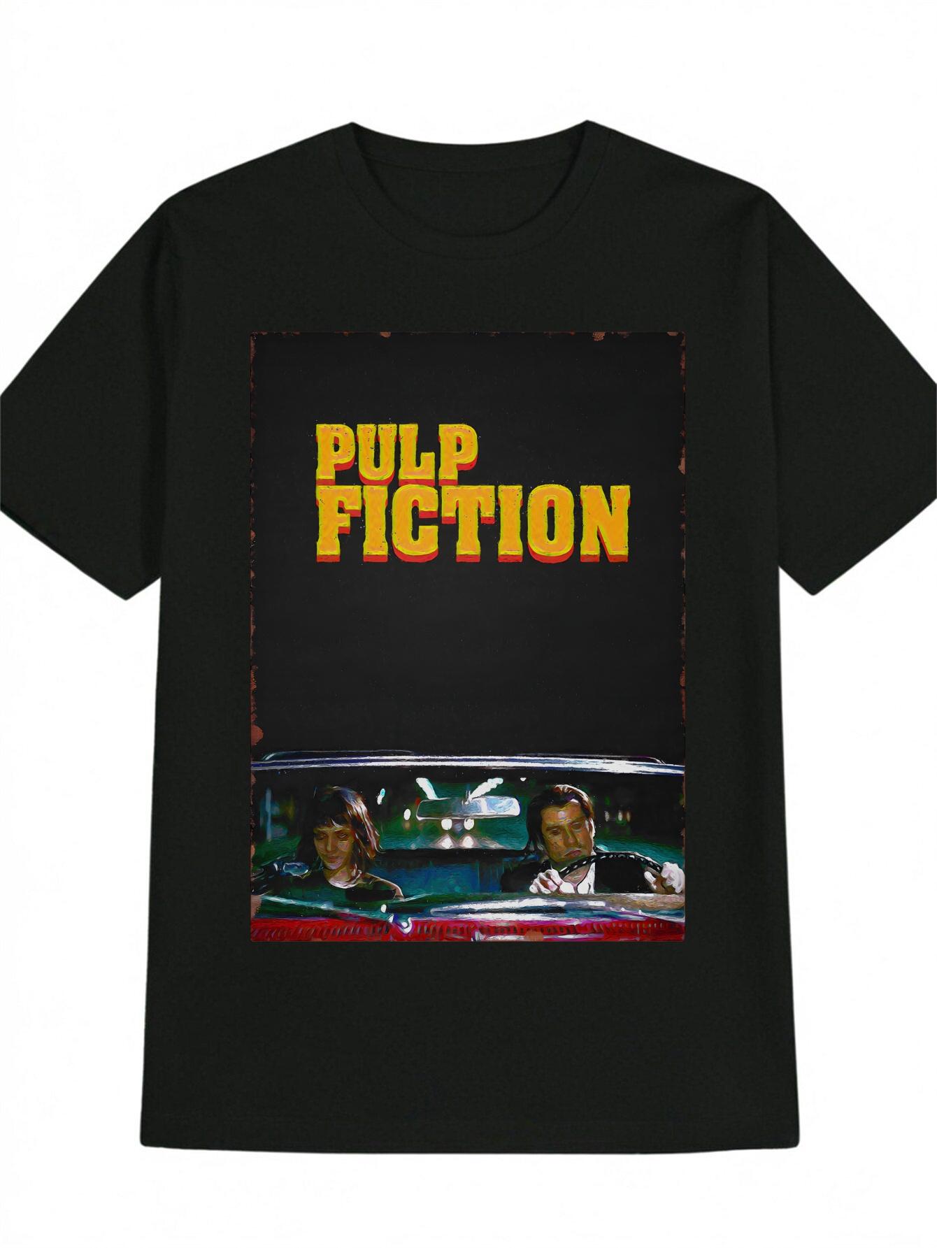 Pulp Fiction Graphic T-shirt - Black Casual Crew Neck Tee with Bold Yellow & Red Print XXL