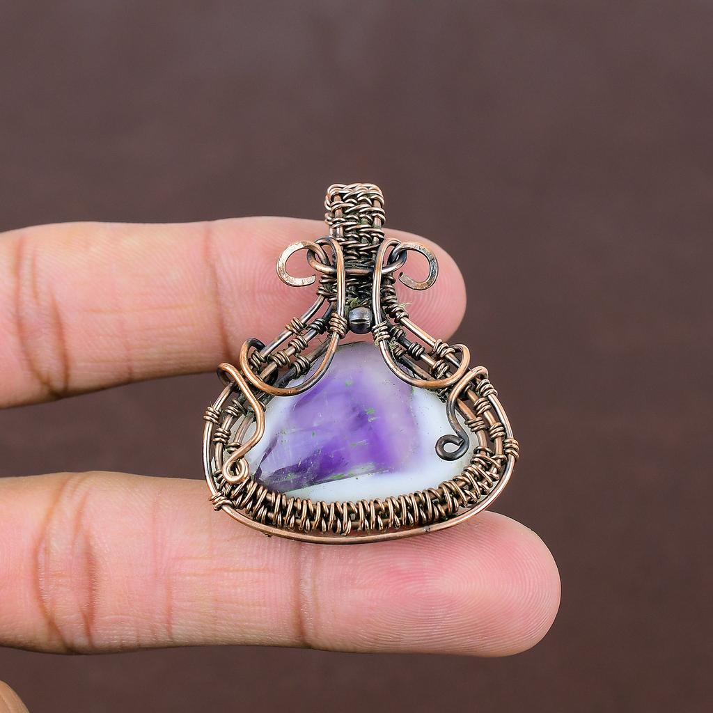Pendentif Pierre Précieuse Améthyste Sauge Naturelle Fait Main Fil de Cuivre Enroulé 1,85" Z2k09