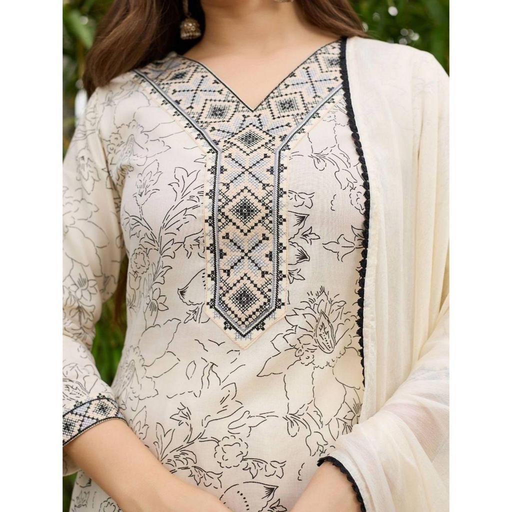 Women's Rayon Embroidered and Printed Straight Kurta with Pant And Dupatta Sets