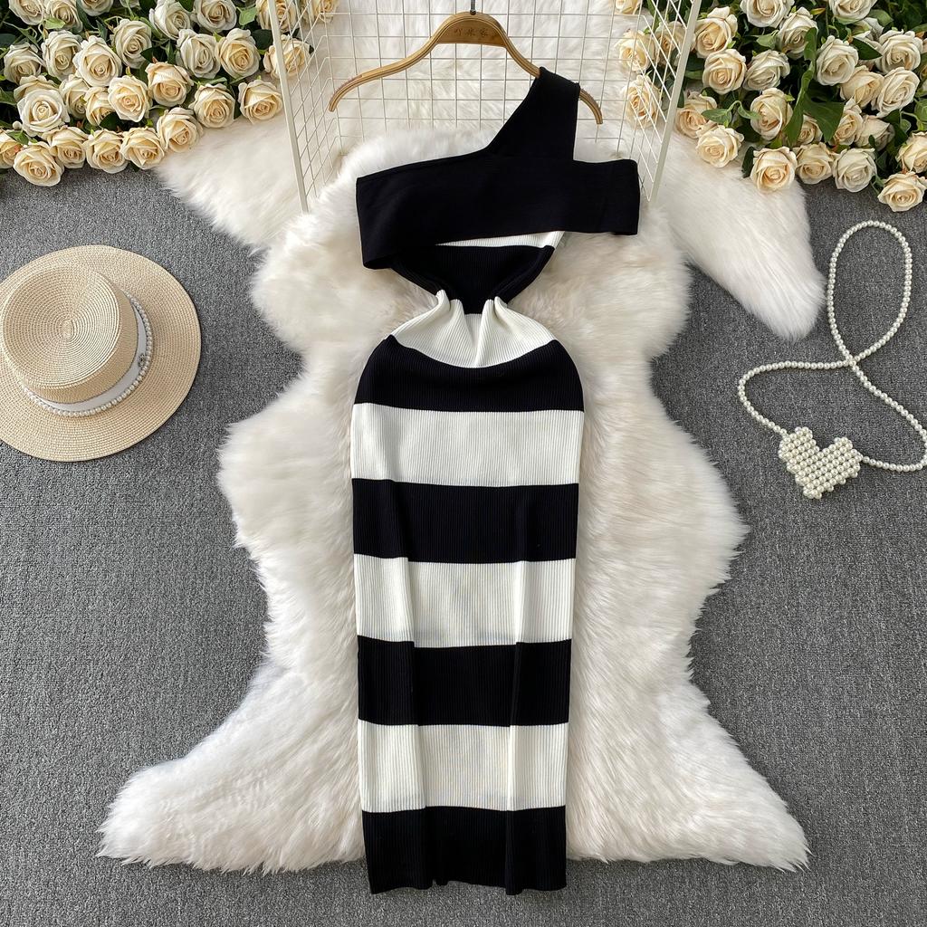 Summer Women Sexy One Shoulder Striped Knitted Office Work Sweater Sheath Dresses