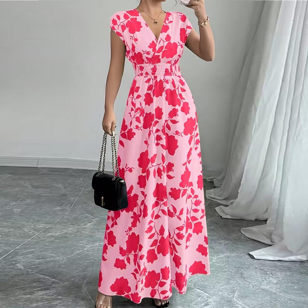 Women's Summer Fashionable Floral Print V-neck Long Dress, Summer Waist Cinching Dress