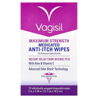 Medicated Anti-Itch Wipes, Maximum Strength, 12-Count Disposable Wipes