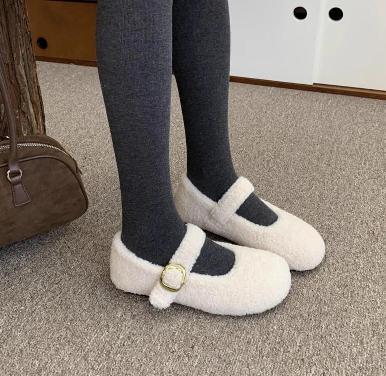 Design Fur Women Mary Jane Shoes Concise Keep Warm Outdoor Shoes Ladies Comfort Cotton Flats Shoes