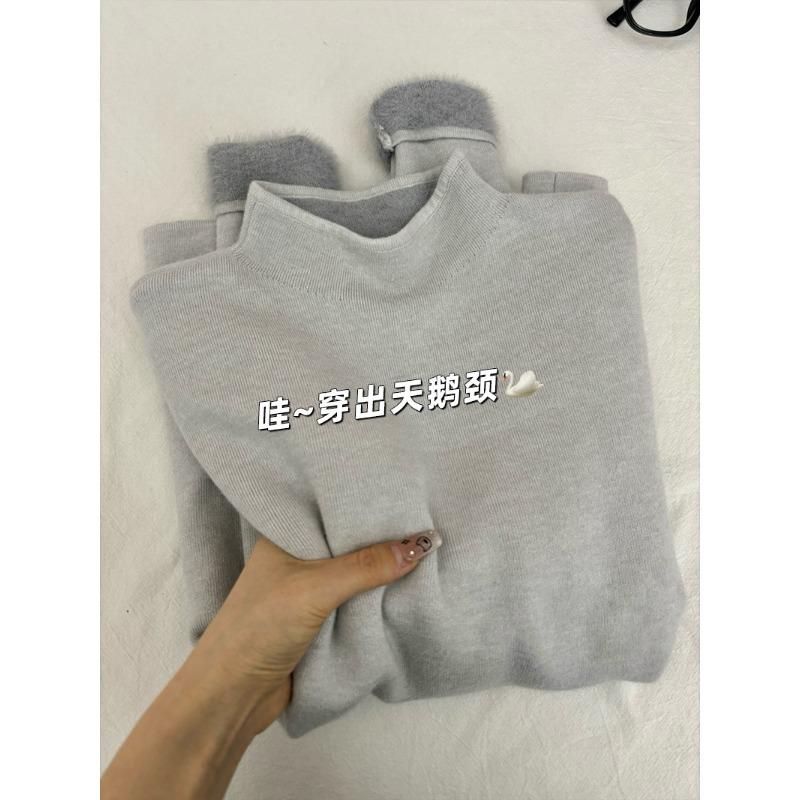 Soft waxy semi-turtleneck sweater women's spring slim-fit pullover knitted inside with integrated thick velvet bottoming shirt, top tide