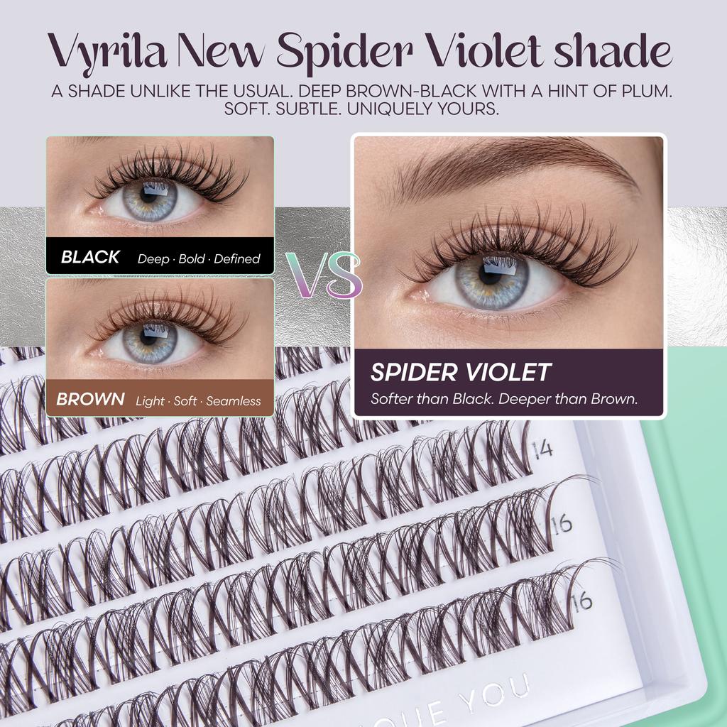 VYRILA Spider Violet Lash Clusters 10-16mm Natural Cluster Lashes Fake Eyelashes 3D Wispy D Curl Fluffy DIY Lash Extensions