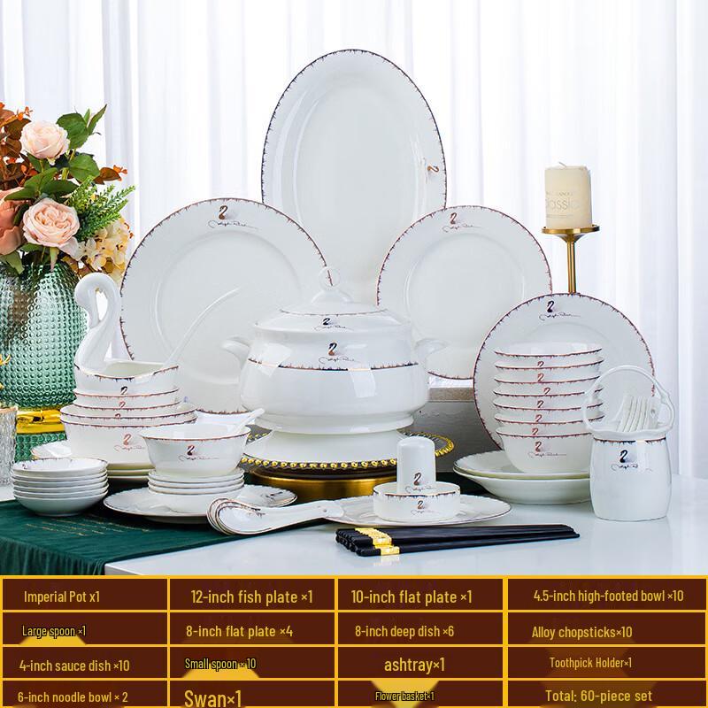 Jingdezhen Swan Love 60-Piece Ceramic Dinnerware Set