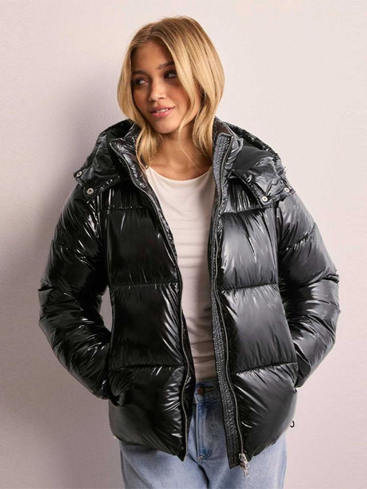 Women's Stand Up Collar Hooded Long Sleeved Zipper Glossy Thick Jacket for Winter