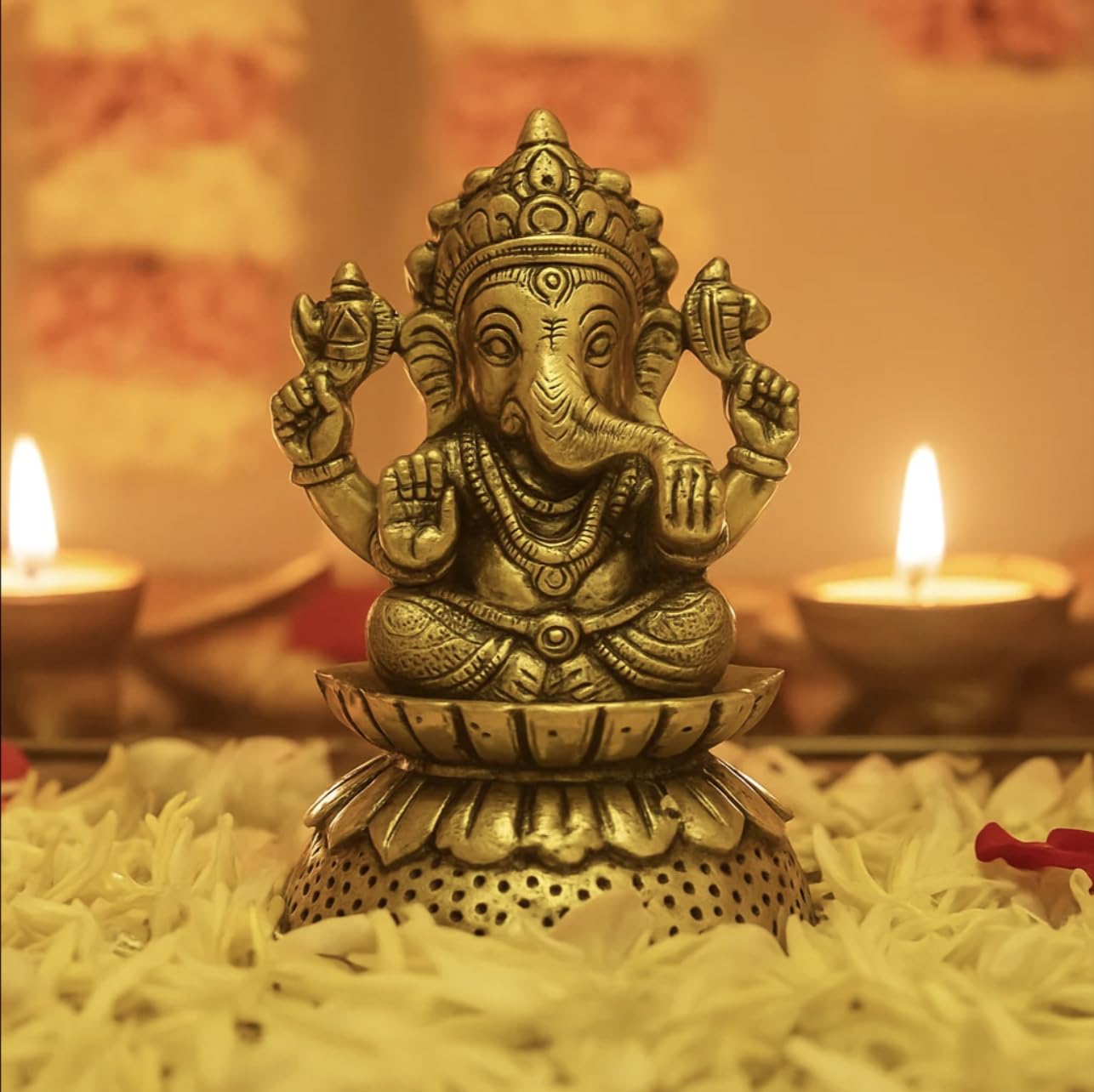 Lord Kamal Ganesh Idol For Home Decor - Ganesha On Lotus, Antique Gold Finish