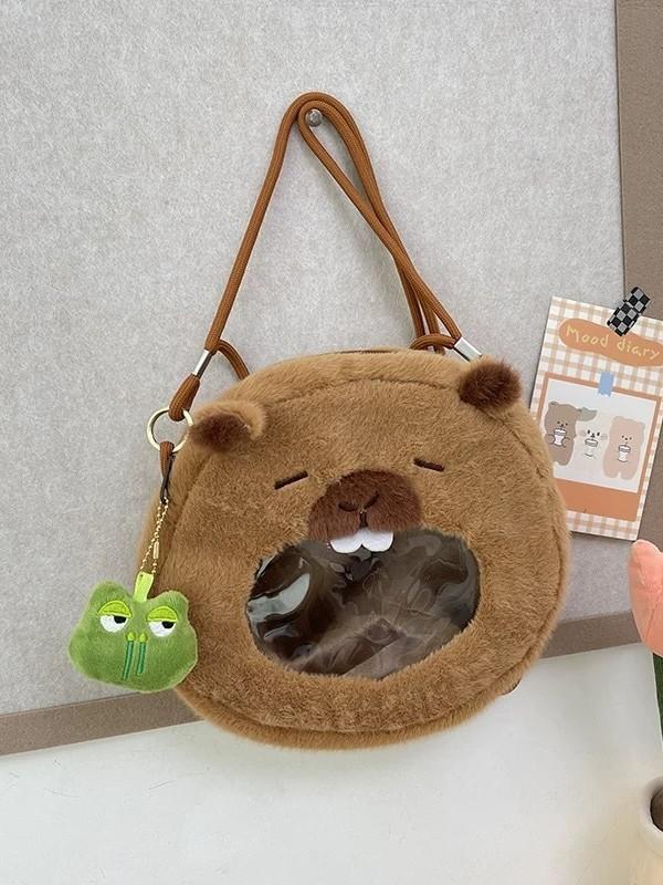 Plush Cartoon Capybara Shoulder Bag With Zipper Closure For Daily Use