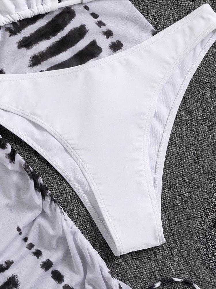 2024 High-Waisted Mesh Waist-Cinched One-Piece Swimsuit with Printed Drawstring and Three-Piece Bikini Set