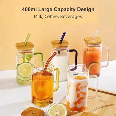 400 ml quadratischer Glasbecher mit Deckel und Strohhalm Frühstücksmilchbecher Mikrowellengeeigneter transparenter Party-Bier-Kaffeebecher Trinkgeschirr aus Glas