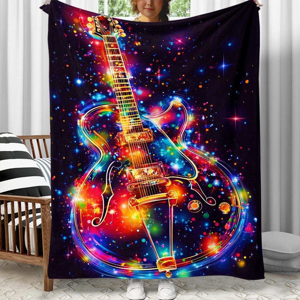 Electric guitar rainbow cosmic stars flannel blanket music lover gift colorful rock concert themed blanket for bedroom decor