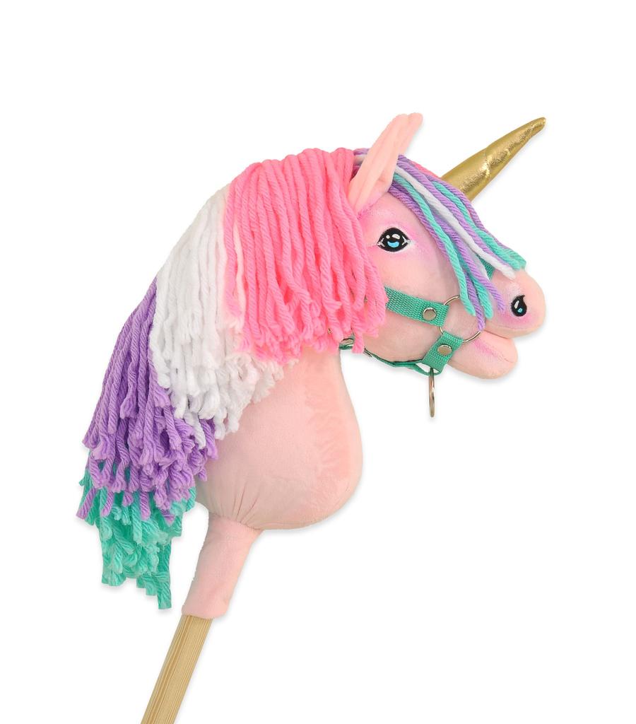 Hobby Horse Unicorn on a Stick Pink with Colorful Mane and Golden Horn A4