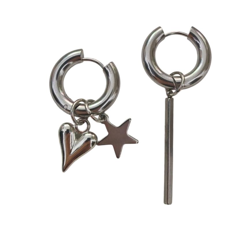 Contemporary Geometric Heart And Five Pointed Star and Long Bars Post Earrings Asymmetrical Ear Accessories 1