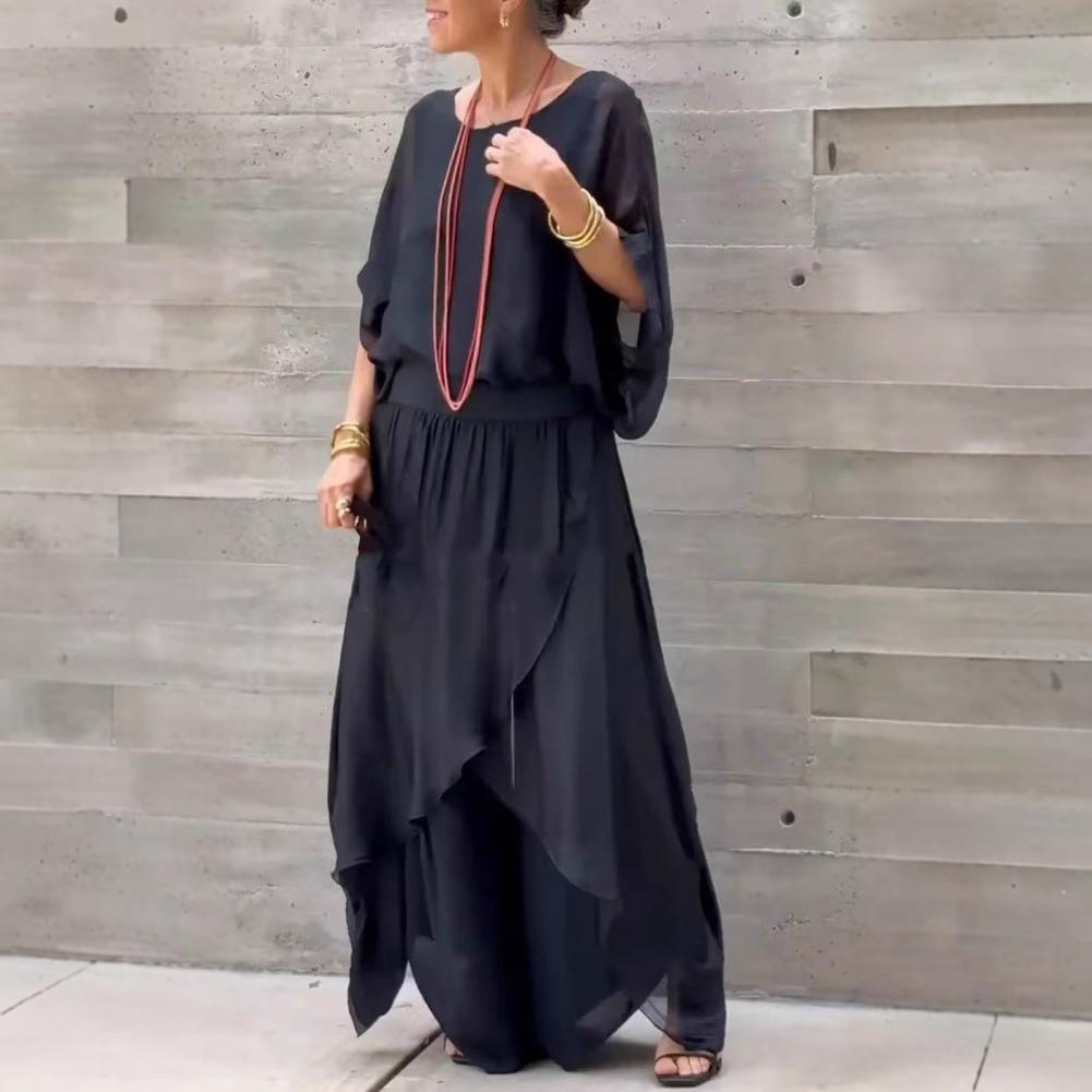 Women Chiffon Top Pants Set Spring Summer Casual Two Piece Crew Neck Top Wide Leg Pant Flowy Wedding Guest Outfit