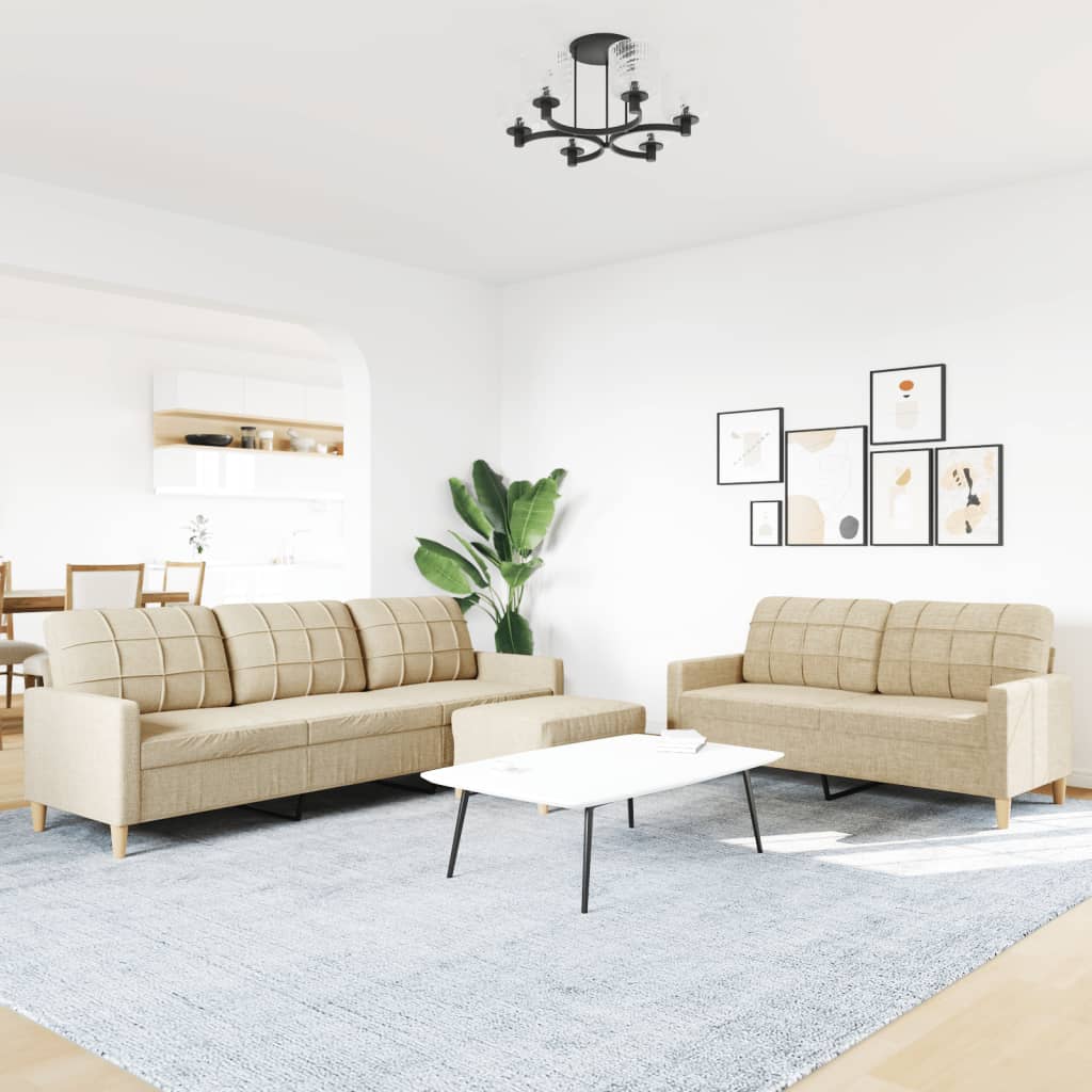 Vidaxl 3-Cz. Sofa Set with Footrest, Cream, Fabric Upholstered