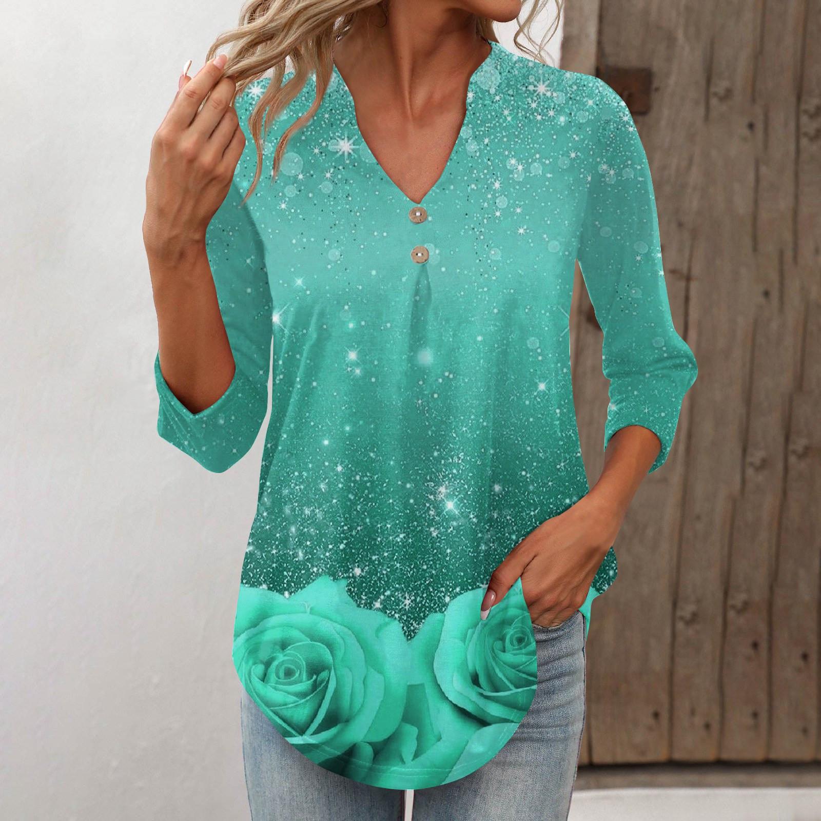 

Жіночі топи з V-подібним вирізом на гудзиках Жіночі топи з рукавами 4/3 з нерегулярним подолом Топи з рукавами 4/3 Повсякденні топи на кожен день Модні футболки з рукавами 4/3 XL